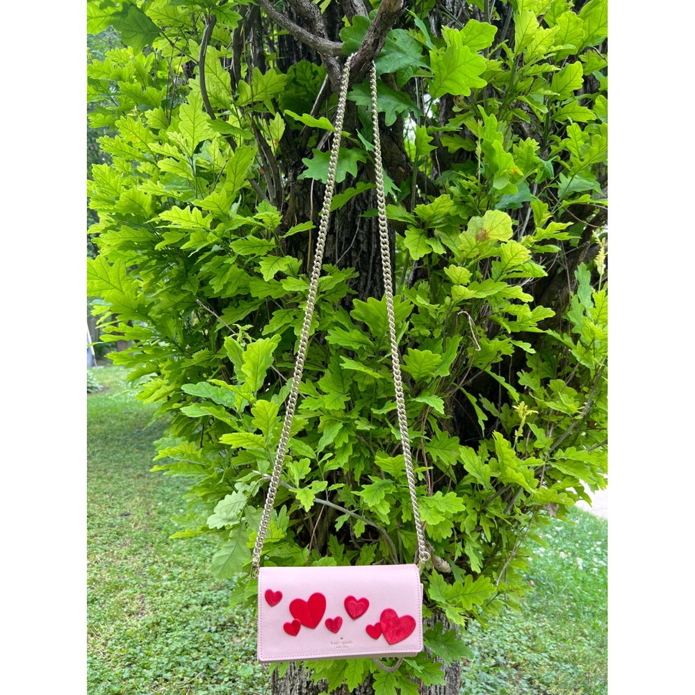 Kate Spade Crossbody Clutch Women Small Pink Heart Applique Chain Strap - Picture 5 of 8
